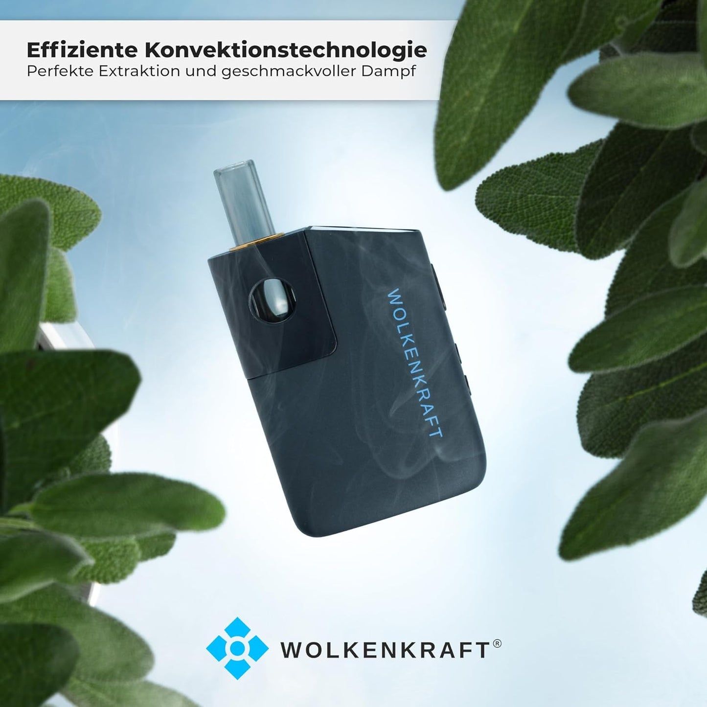 FX Mini Ultra Vaporizer Nachtblau zwischen Blättern, zeigt stilvolle Konvektionstechnik für aromatischen Dampfgenuss.