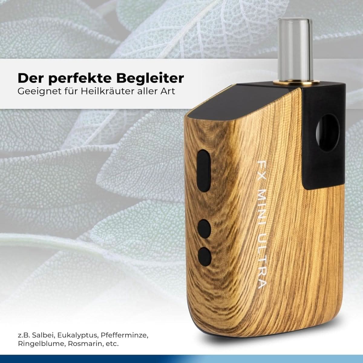 Alt Tag: Entdecke den Wolkenkraft FX Mini Ultra Vaporizer aus Echtholz, ideal für Heilkräuter. Perfekte Verbindung von Stil und Funktion.