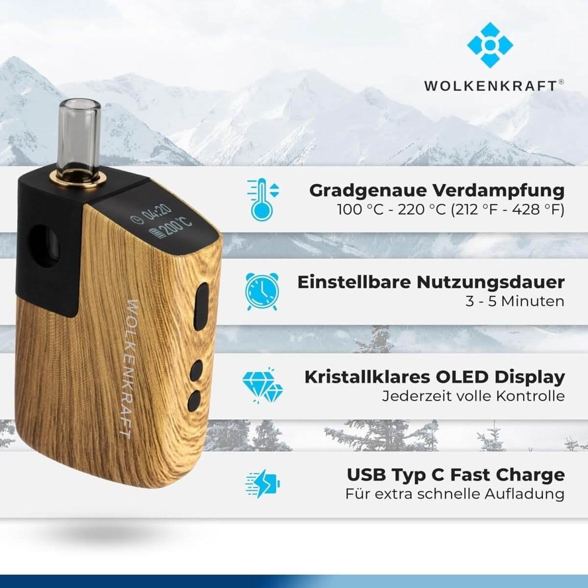 Wolkenkraft FX Mini Ultra Vaporizer aus echtem Holz mit OLED Display und USB-C Schnellladung, perfekte Verdampfung.