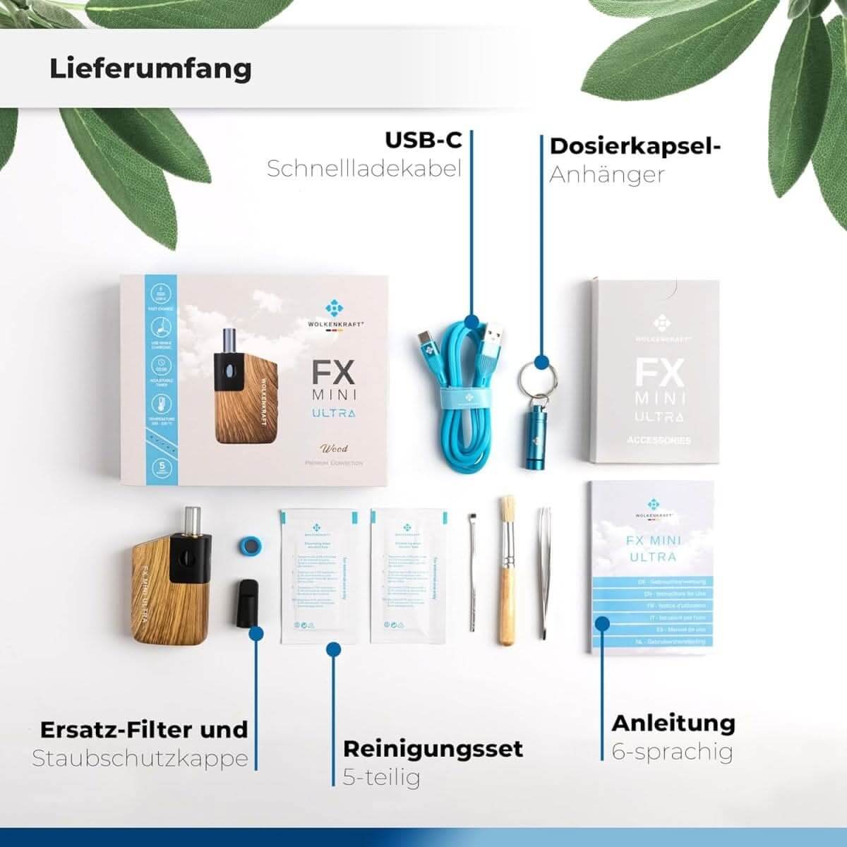 Lieferumfang des Wolkenkraft FX Mini Vaporizer mit Holzhülle, USB-C Kabel, Werkzeug, Anleitung, Zubehör in Deutsch.