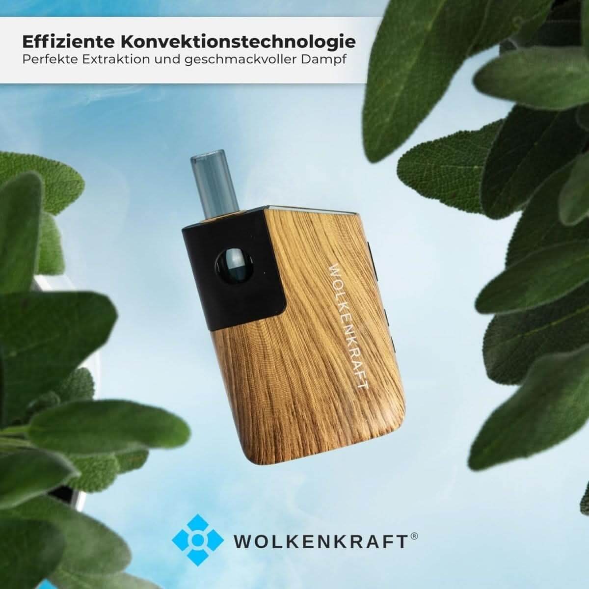 Wolkenkraft FX Mini Ultra Vaporizer aus Holz, umgeben von Blättern, mit Fokus auf stilvollem Design und Konvektionstechnologie.