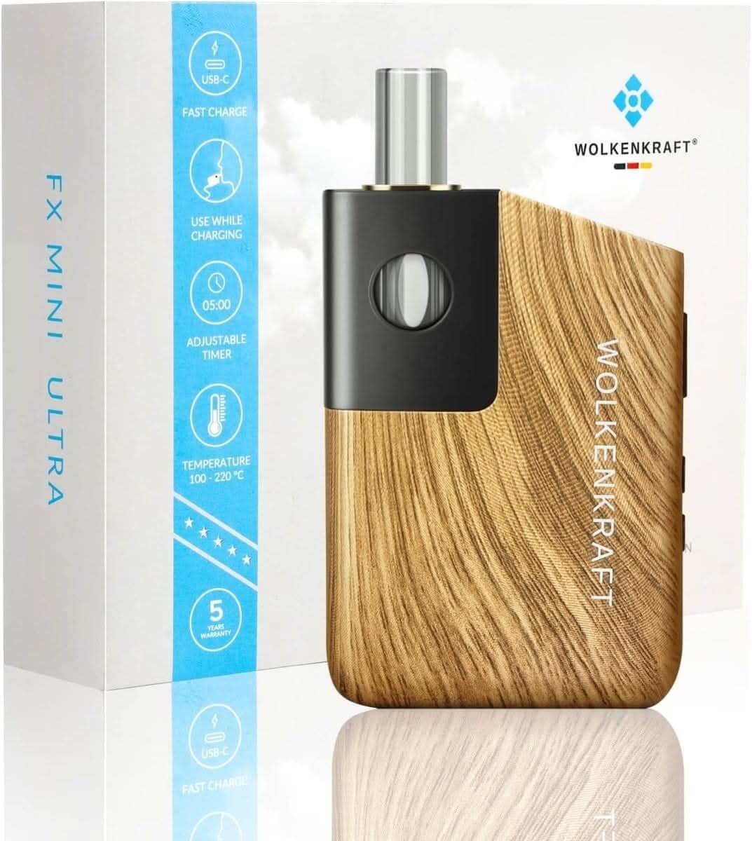 Wolkenkraft FX Mini Ultra Vaporizer in edlem Echtholz, kompakt und modern, perfekt für technikbegeisterte Naturfreunde.