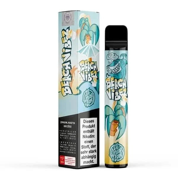 Beach Vibez E-Zigarette mit Zitronen-, Limetten-, Orangen- und Erdbeergeschmack, verpackt für einen sonnigen Genuss.