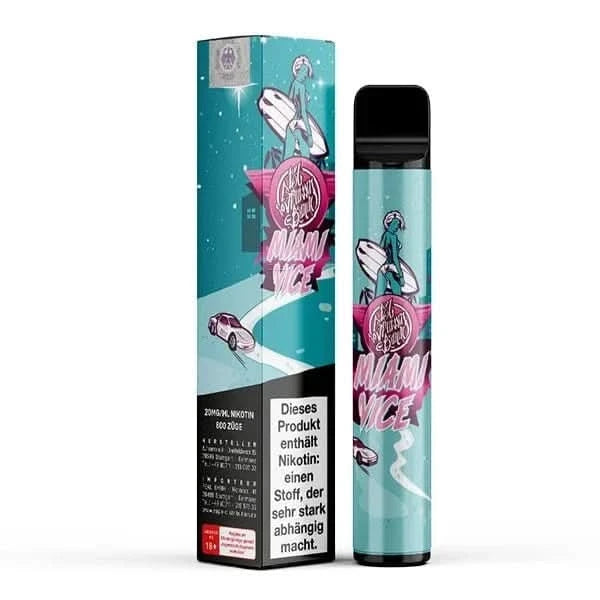 Miami Vice Vape Pen neben Verpackung, inspiriert von Blaubeere und Triangle Kush, für ein exotisches und aufregendes Dampferlebnis.