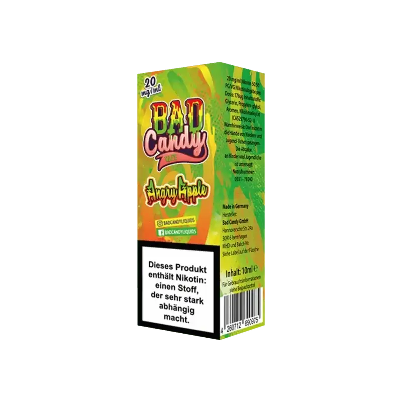 Entdecke Bad Candy Liquid Angry Apple: Fruchtiger Apfel-Kiwi-Geschmack für dein Dampferlebnis. E-Liquid mit 20 mg/ml Nikotin.
