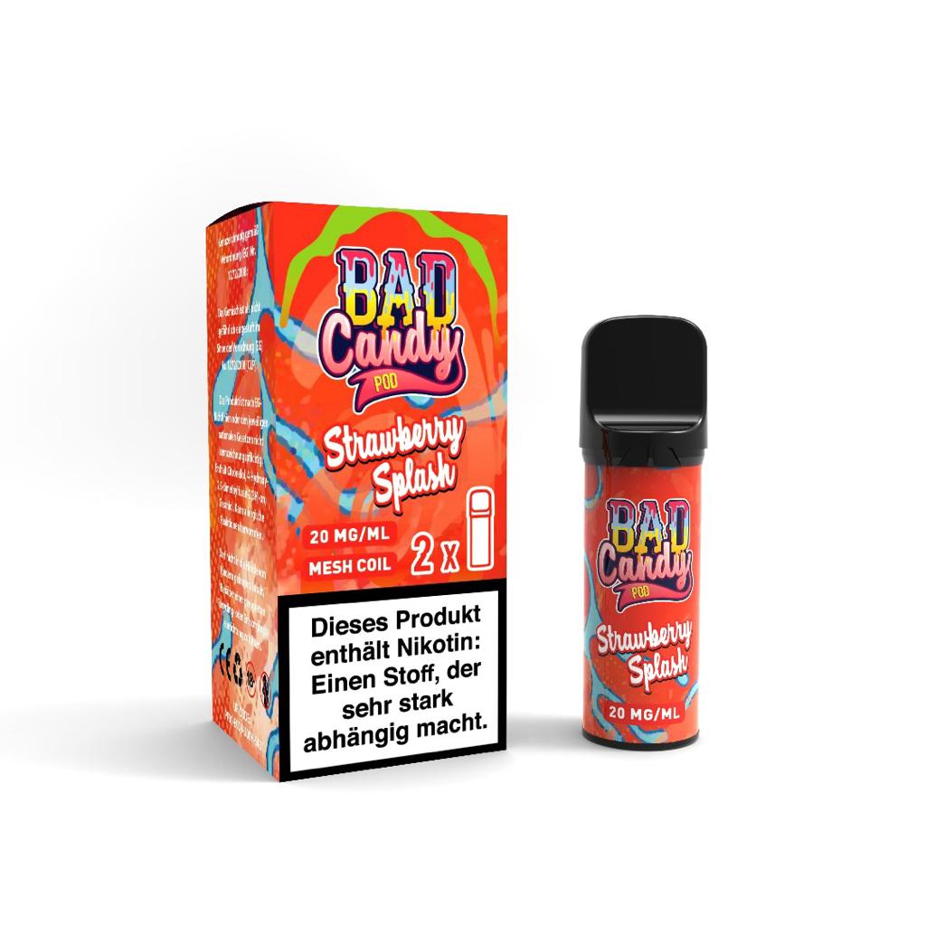 Bad Candy Pod 2er Set Strawberry Splash mit Nikotin, 20 mg/ml, verlockender Erdbeer-Geschmack im Mesh Coil Format.