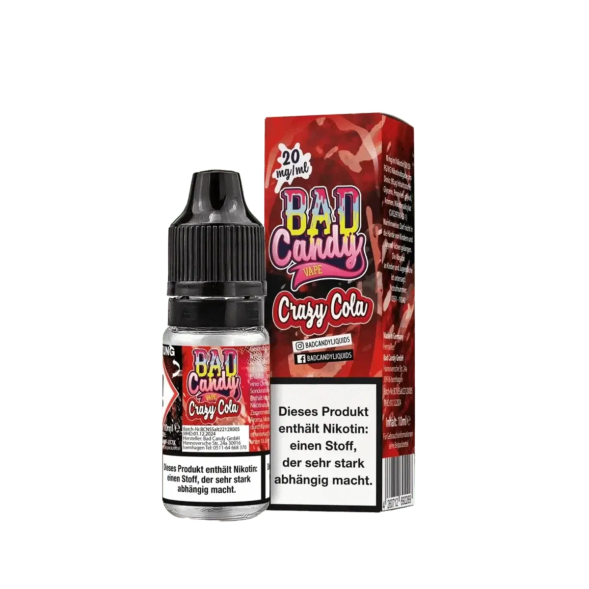 Bad Candy Crazy Cola E-Liquid mit Cola, Kirsche, Limette und Menthol für deinen erfrischenden Vape-Genuss. Verpackung abgebildet.