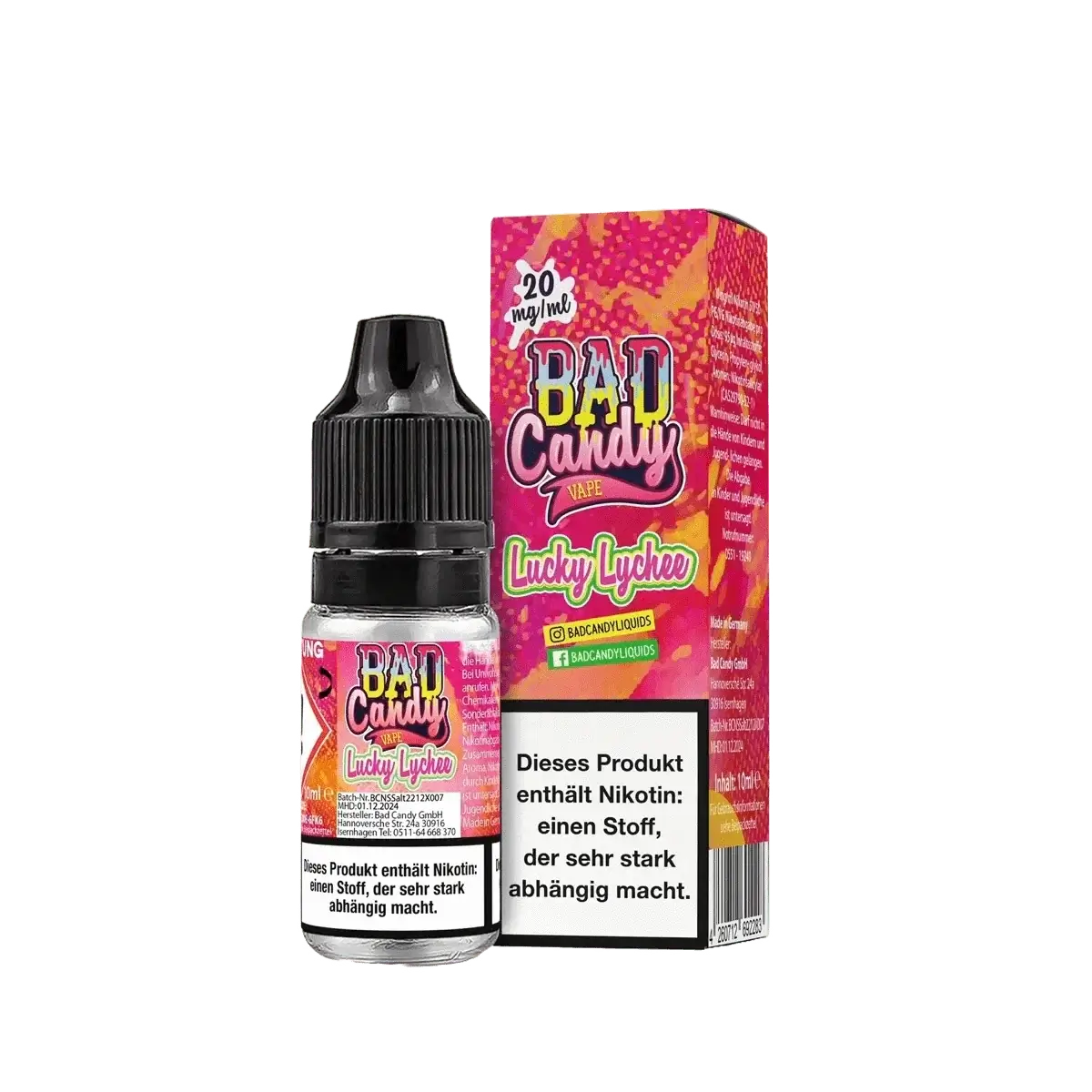 Alt Tag: Bad Candy Liquid Lucky Lychee - Erlebe süße Litschi, exotische Maracuja, frische Zitrone und kühles Menthol im E-Liquid.