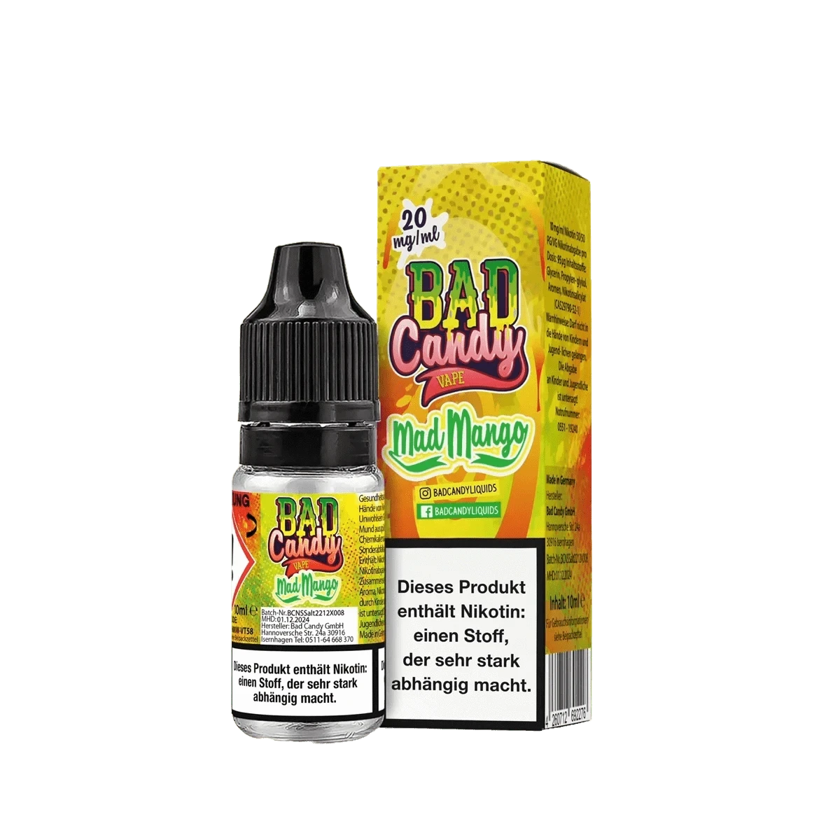 Bad Candy Liquid Mad Mango E-Liquid mit Mango, Ananas, Limette, Maracuja und Kokosnuss-Geschmack, 20mg Nikotin, 10ml Flasche