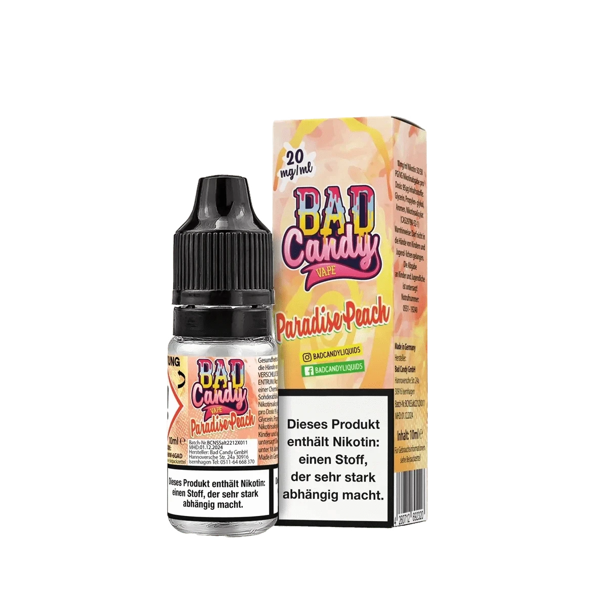 Entdecke das Bad Candy Liquid Paradise Peach – ein fruchtiger Mix aus Pfirsich, Maracuja und Zitrone für dein E-Zigarettenvergnügen.