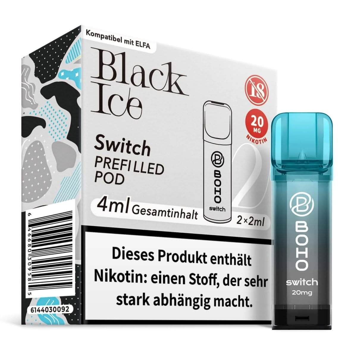 Boho Switch Pod 2er Set Black Ice mit Brombeere und Menthol, erfrischend und fruchtig, ideal zum Dampfen.