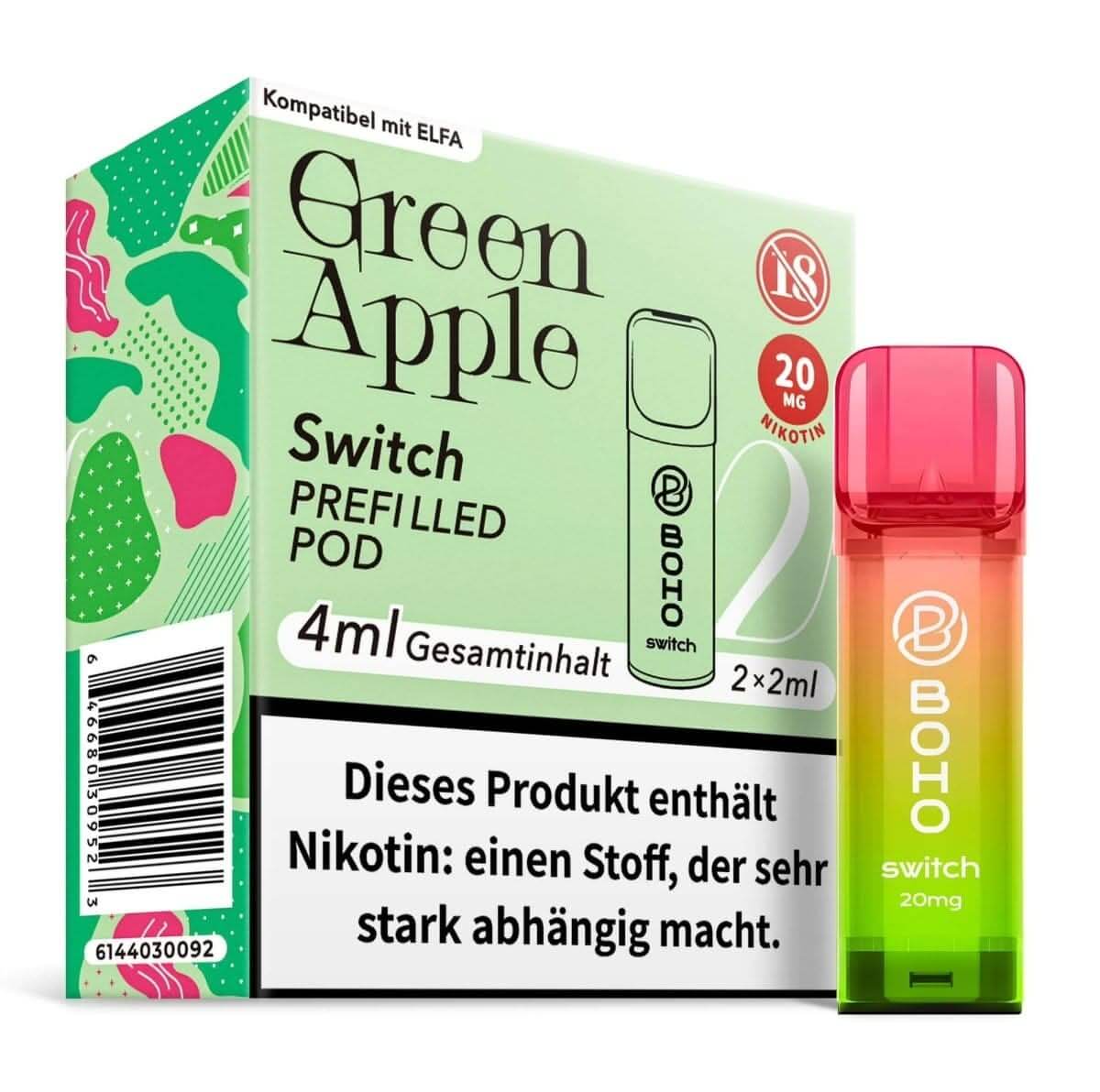 Boho Switch Pod 2er Set in Grüner Apfel, knackig und frisch, perfekt für Liebhaber von fruchtig-sauren Aromen, 4ml Inhalt.