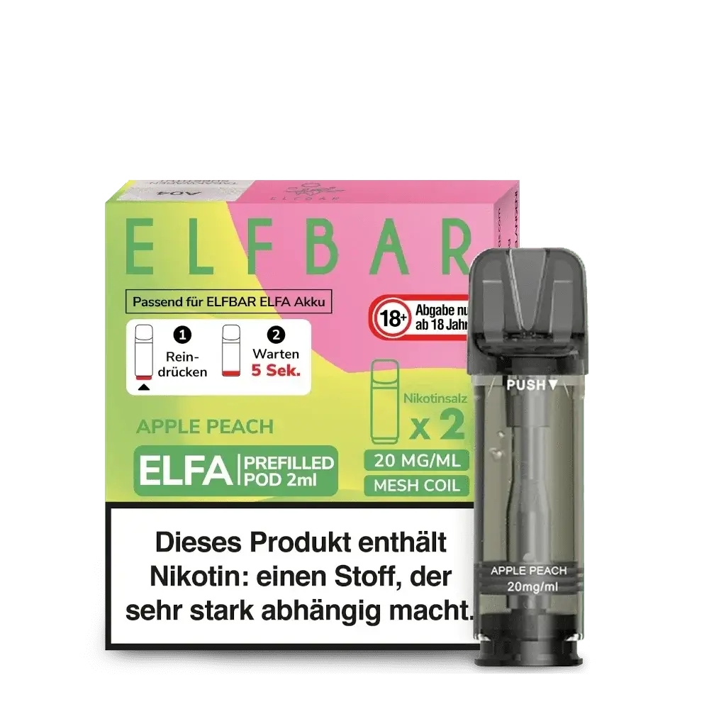 Elfa Pod 2er Set Apple Peach - ein fruchtiger Dampfgenuss mit Apfel und Pfirsich Geschmack in praktischen Mesh Coil Pods.