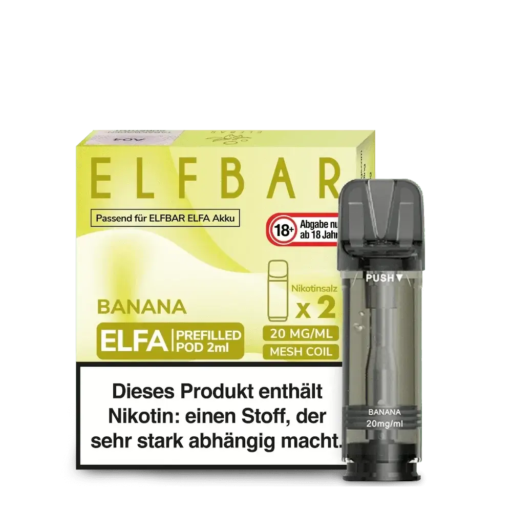 Elfa Pod Banana (2er Set) mit cremigem Bananengeschmack, ideal für ein intensives und samtiges Vape-Erlebnis. 20 mg/ml Nikotin.