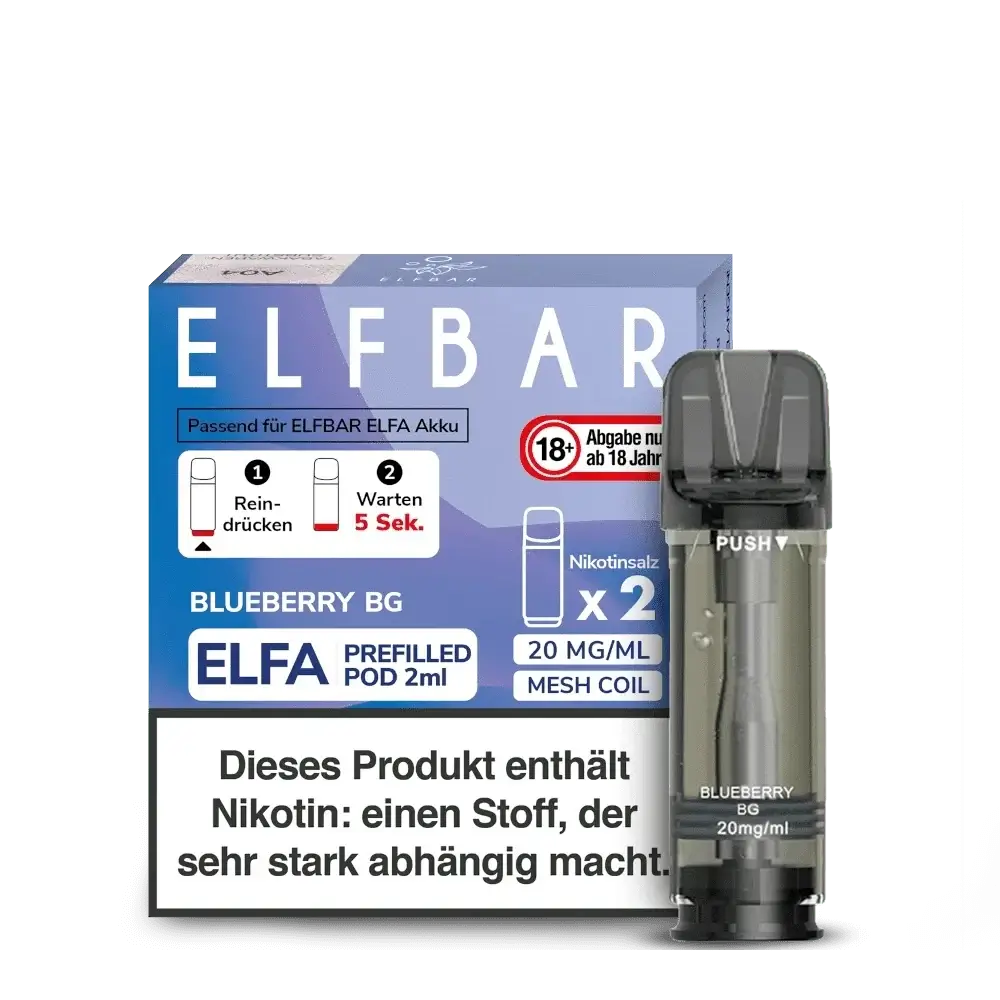 Packung Elfa Pod Blueberry BG mit 2 Nikotinsalz-Pods à 20 mg/ml. Genieße den Blaubeer-Kaugummi-Geschmack. Perfekt für dein Elfa-Gerät.