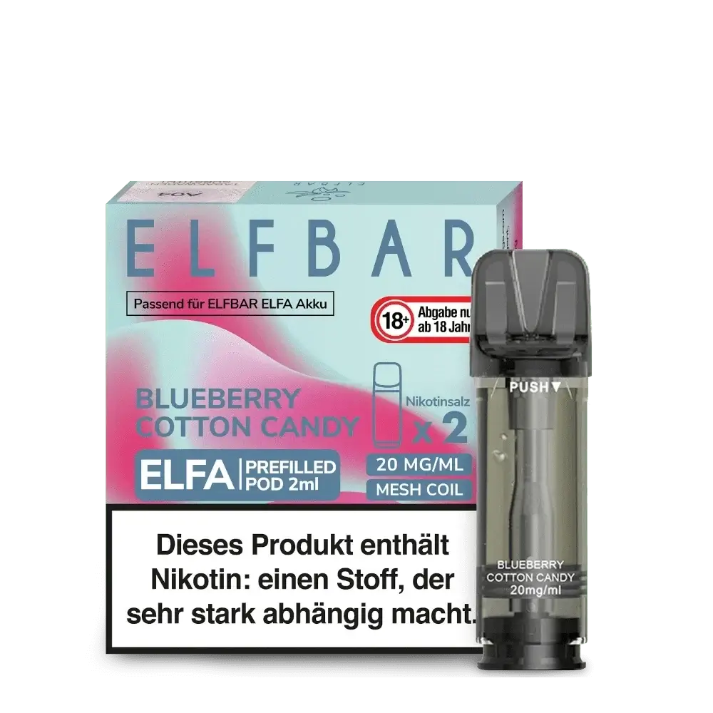 Elfa Pod Blueberry Cotton Candy 2er Set mit 20mg Nikotin, fruchtig-süß, bunte Verpackung für ein einzigartiges Vape-Erlebnis.