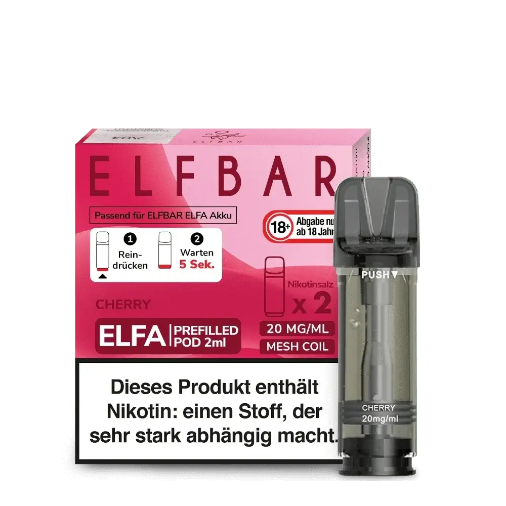 Elfa Pod 2er Set Kirsche, verpackte Pods und Einzelpod, für authentisches Kirsch-Dampferlebnis. Enthält Nikotin. Ab 18 Jahren.
