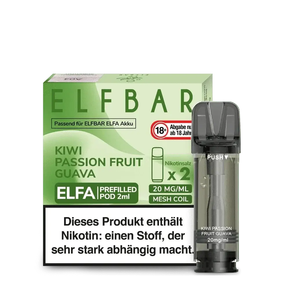 Elfa Pod Set Kiwi Passionsfrucht Guave mit Nikotinhinweis in Deutsch.