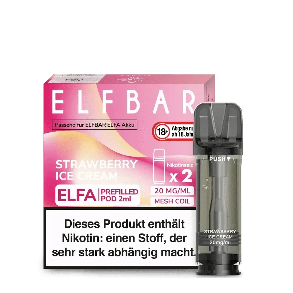 Elfa Pod Set mit Erdbeer-Eis Aroma, ideal für süße Dampferlebnisse. Enthält Nikotin, ab 18 Jahren. Verpackungsansicht.