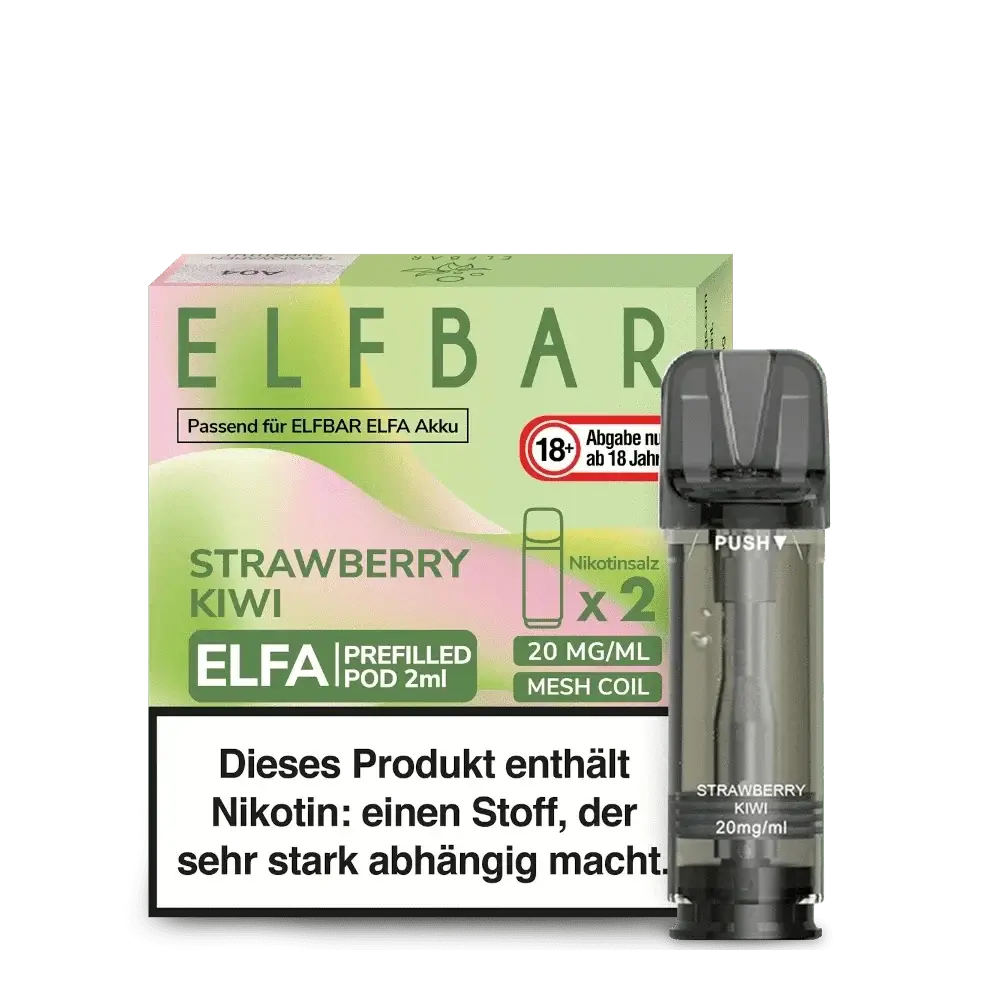 Entdecke den Elfa Pod 2er Set mit süß-säuerlichem Erdbeere-Kiwi-Geschmack, ideal für ein erfrischendes Vape-Erlebnis. Nikotin enthalten.