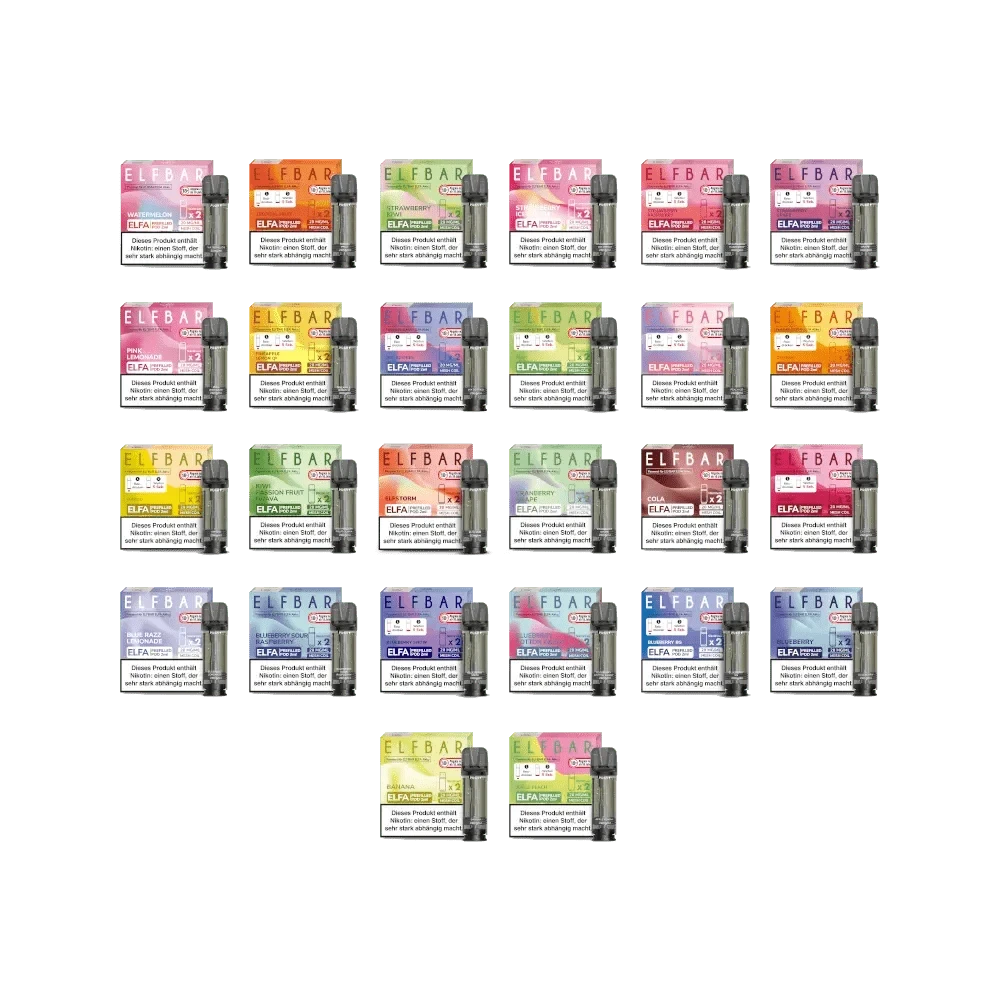 Verschiedene Elfa Pod Geschmacksrichtungen in einer bunten Kollektion. Entdecke dein perfektes Aroma für eine genussvolle Vape-Erfahrung.