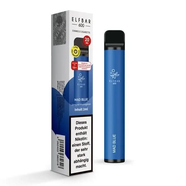 Elf Bar 600 CP (V1) - Mad Blue Vape Pen und Verpackung mit intensivem fruchtigem Aroma aus blauen Früchten. Perfekt für Abenteuerlustige.