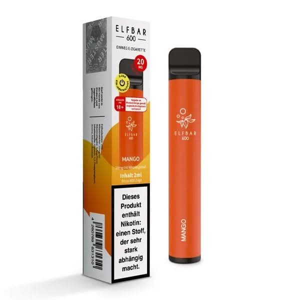 Elf Bar 600 CP (V1) Mango Vape Pen mit exotischem Mangogeschmack, verpackt und bereit für dein tropisches Dampfvergnügen.