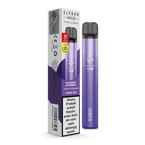 Elf Bar 600 V2 CP E-Zigarette in Blueberry Raspberry Geschmack neben Verpackung, ideal für fruchtiges Dampferlebnis.