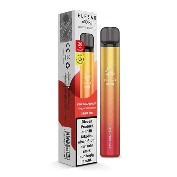 Einweg E-Zigarette Elf Bar 600 V2 in der Geschmacksrichtung Pink Grapefruit, bunte Verpackung mit 2ml Inhalt, 20mg Nikotin.