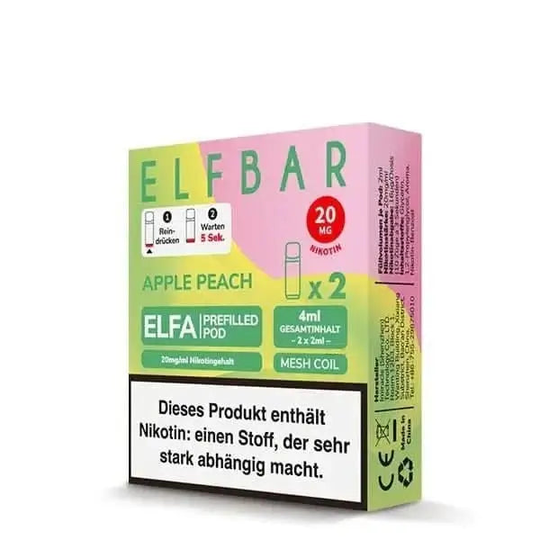 Elfa Pod 2er Set in Apple Peach Geschmacksrichtung, 4ml vorgefüllte E-Zigaretten-Pods mit 20mg Nikotin, ideal für Fruchtliebhaber.