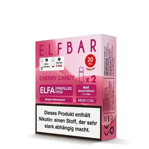 Elfa Pod 2er Set Cherry Candy mit süßem Kirschgeschmack, ideal für personalisiertes Vape-Erlebnis, enthält Nikotin, Warnhinweis sichtbar.