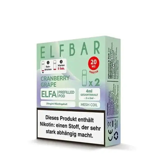 Elfa Pod 2er Set Cranberry Grape Verpackung mit 20mg Nikotin, ideal für dein fruchtiges Dampferlebnis.