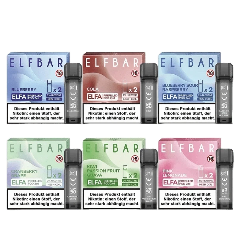 Elfa Pods in verschiedenen Geschmacksrichtungen, darunter Blueberry, Cola und Raspberry. Perfekt für ein fruchtiges Vape-Erlebnis.