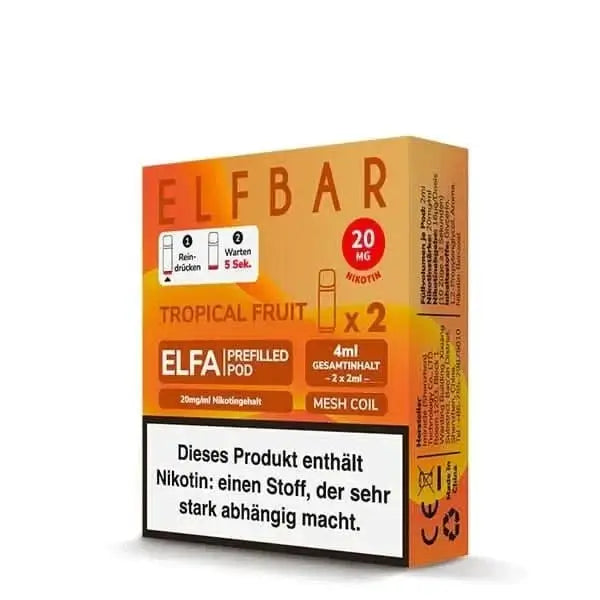 Elfa Pod 2er Set Tropical Fruit Verpackung mit 20mg Nikotin. Genieße den exotischen Geschmack tropischer Früchte. Perfekt für Urlaubsträume.