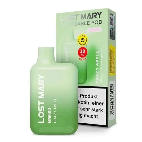 Lost Mary BM600 CP Crazy Apple Vape Pod in grün, verspricht freche Apfelnoten mit einer Mischung aus süß und sauer. Entdecke dein neues Vaping-Erlebnis!