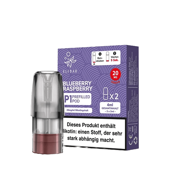 Mate 500 P1 Pod mit Blaubeere-Himbeere-Geschmack, ideal zum Dampfen, verpackt in einem 2er Set.