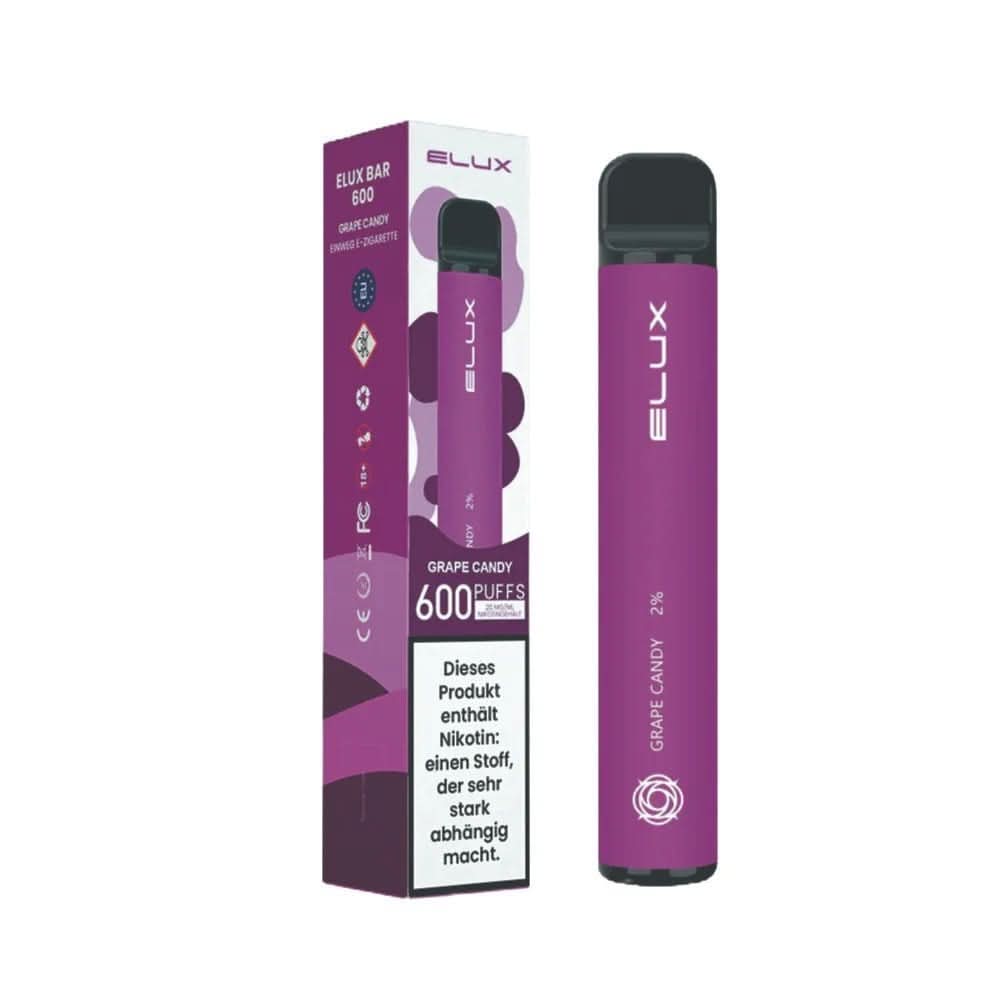 Entdecke die Elux Bar 600 - Grape Candy, deine süße Einweg E-Zigarette mit intensiven Traubengeschmack für ein ultimatives Vape-Erlebnis.