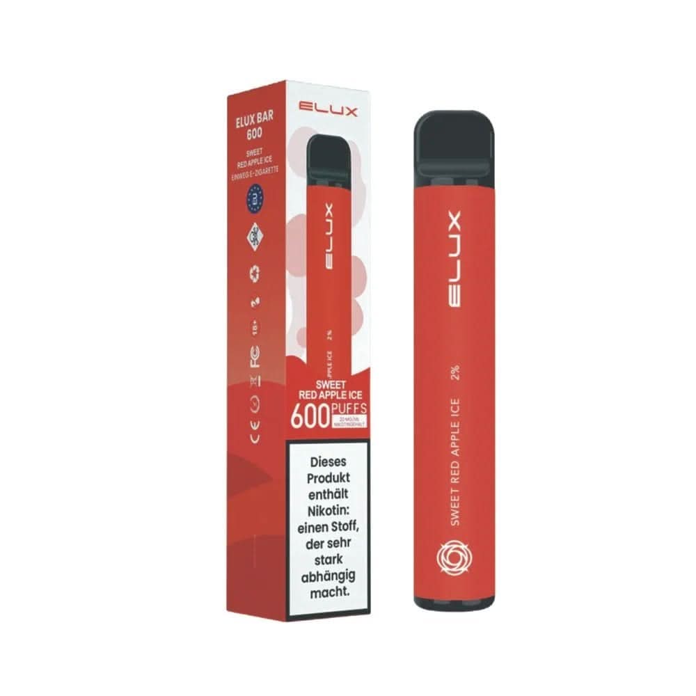Elux Bar 600 Sweet Red Apple Ice E-Zigarette vor Verpackung, fruchtiges menthol Geschmackserlebnis, 600 Züge, für Erfrischung.