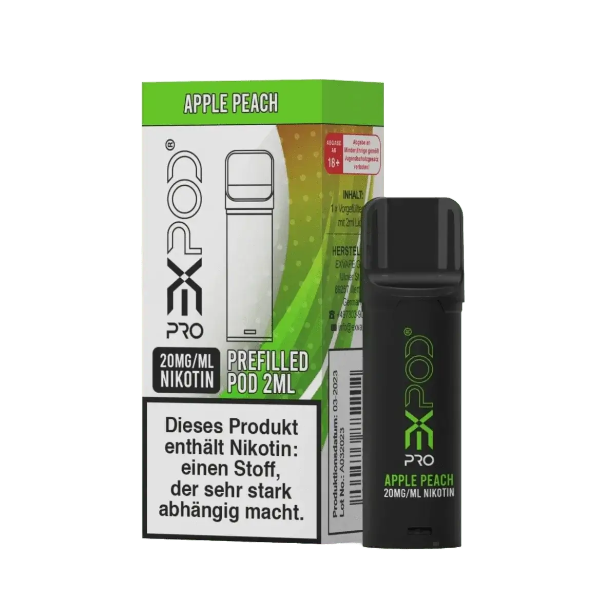 eXpod Pro Pod Apple Peach, 20mg Nikotin. Genieße süße Äpfel und saftige Pfirsiche mit jedem Zug. Perfekt für Fruchtliebhaber.