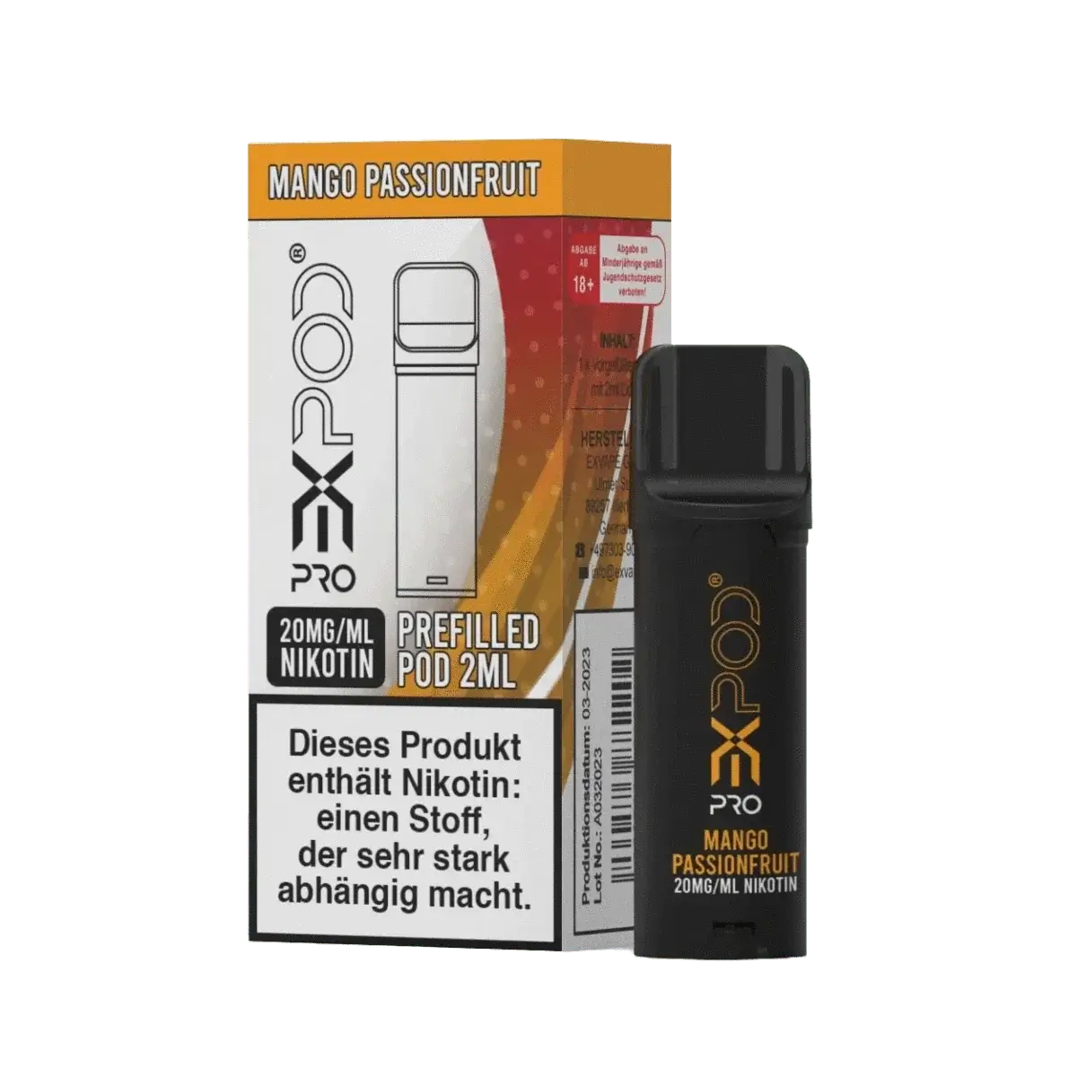 eXpod Pro Pod Mango Passion Fruit mit 20mg/ml Nikotin, 2ml Füllung, exotischer Geschmack