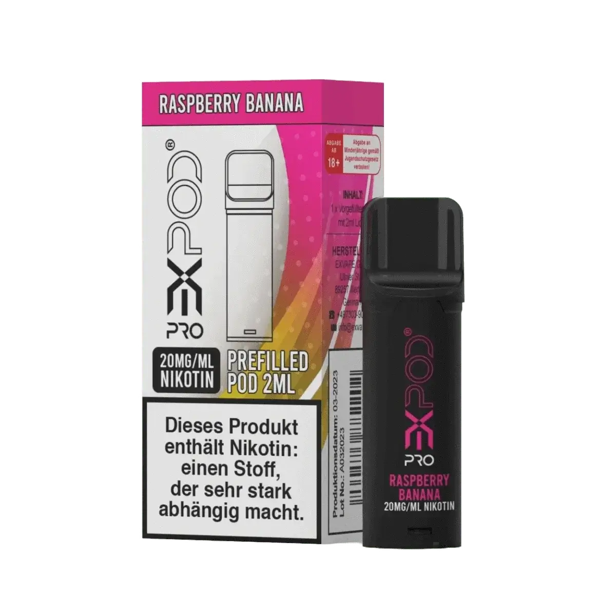 eXpod Pro Pod in Raspberry Banana Geschmacksrichtung, 2ml, 20mg Nikotin, mit fruchtiger Himbeer-Banane Mischung, erlebe intensiven Genuss.