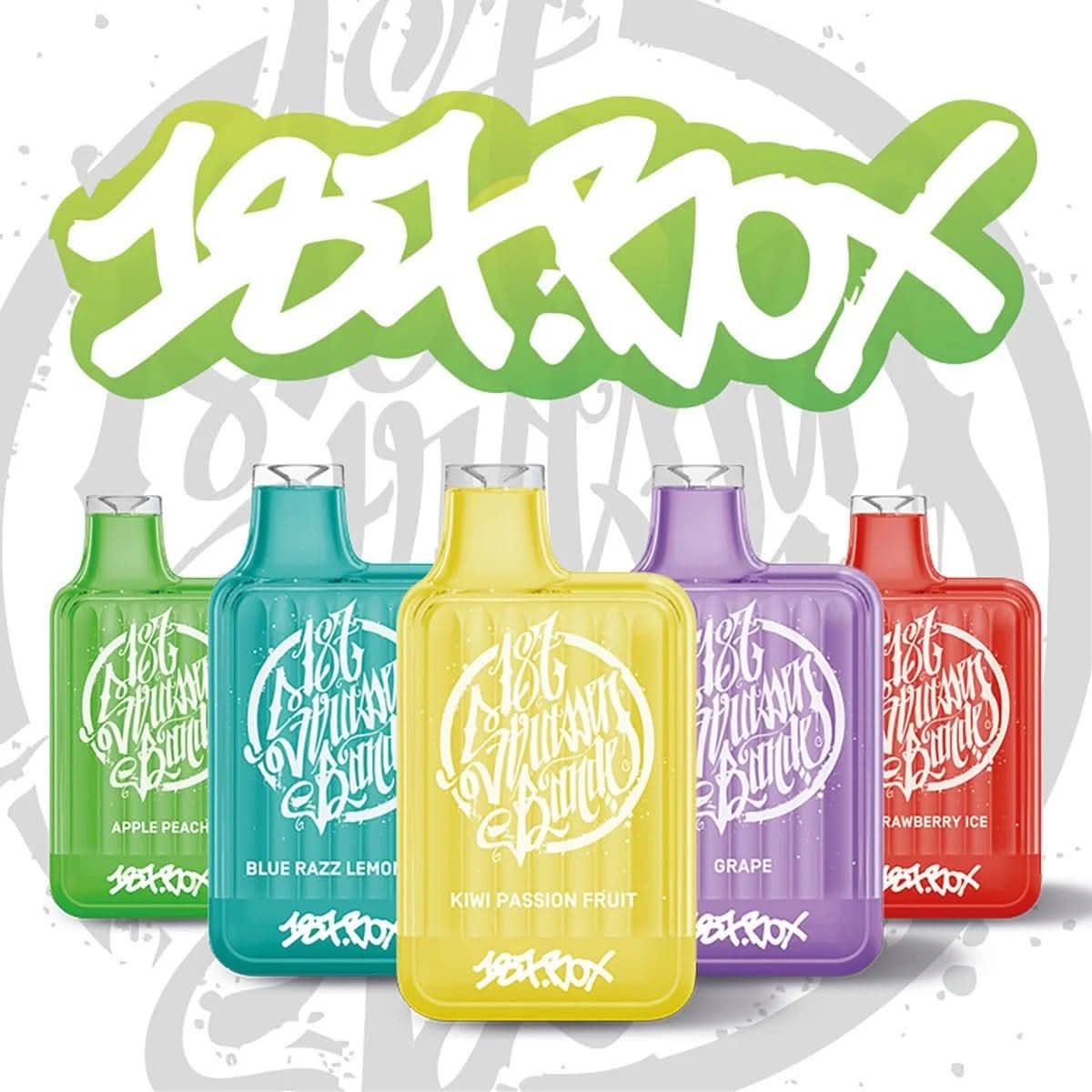 Bunte 187 Box E-Zigaretten, Geschmäcker wie Blue Razz Lemon und Kiwi Passion Fruit darstellen, vor kreativem 187 Box Schriftzug.