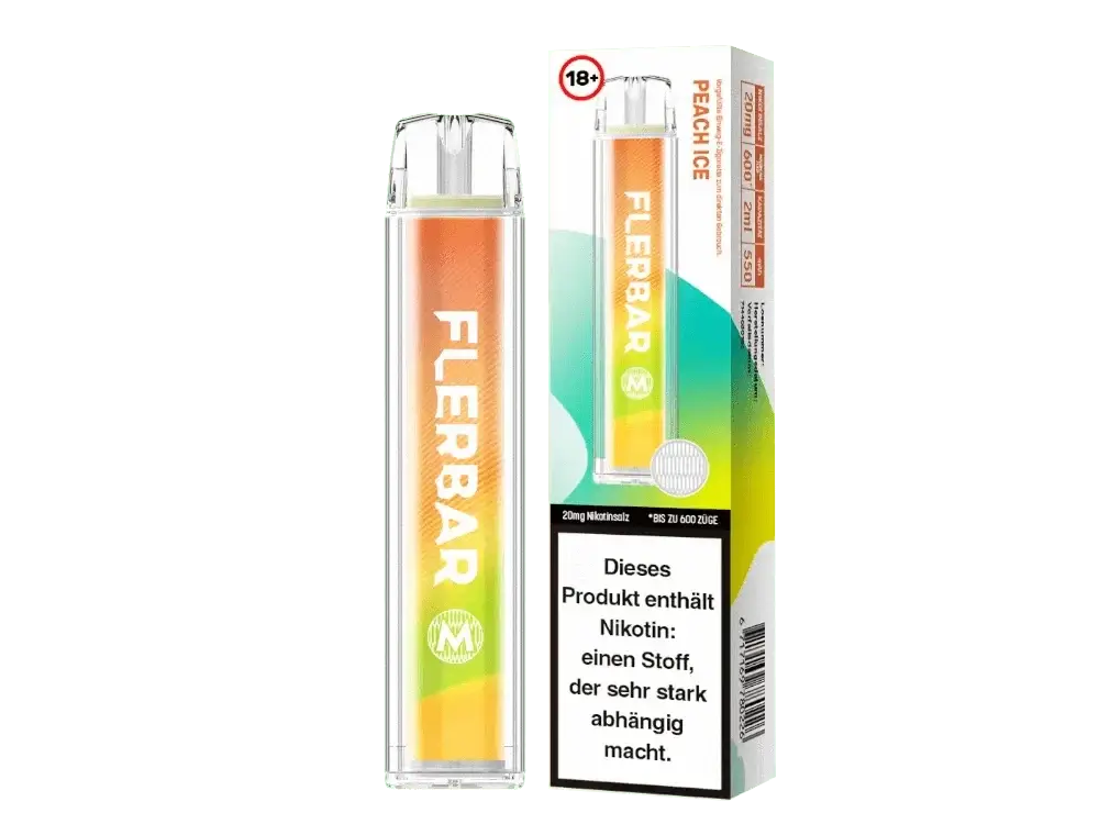 Flerbar M Peach Ice E-Zigarette mit fruchtigem Pfirsich-Menthol-Geschmack, bereit für ein frisches Dampferlebnis.