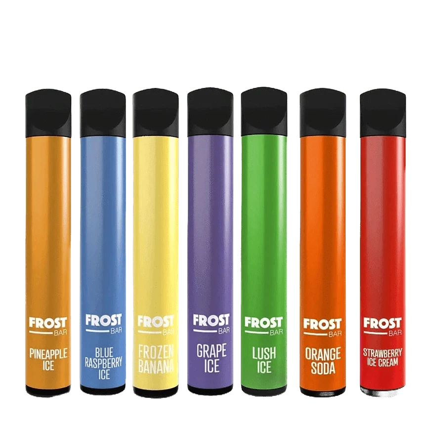 Frostbar E-Vapes in verschiedenen Geschmacksrichtungen: Ananas, Blaue Himbeere, Gefrorene Banane, Traube, Lush Ice, Orangensoda.