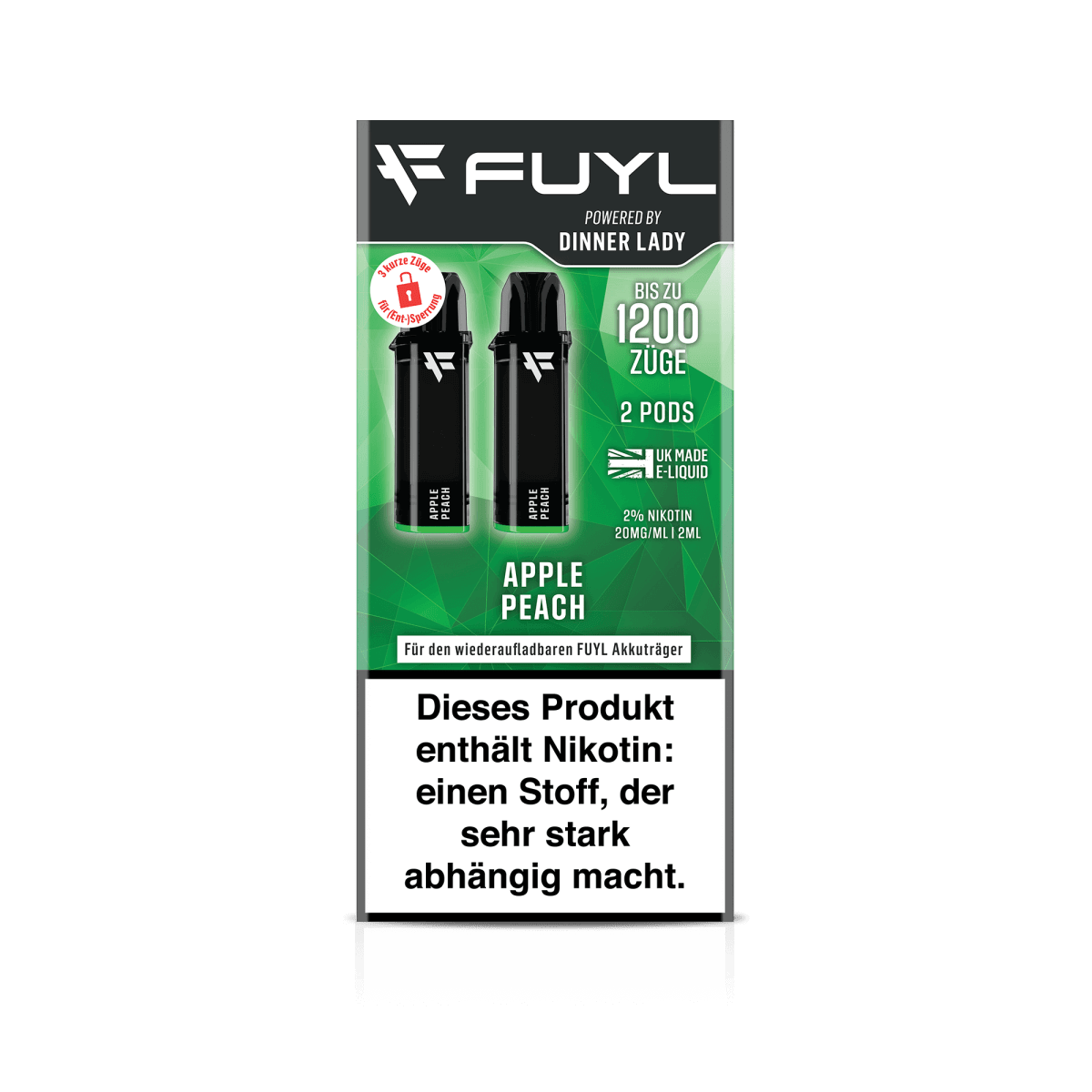Dinner Lady Fuyl Pod 2er Set in Apple Peach Geschmacksrichtung mit Apfel-Pfirsich-Aroma, geeignet für wiederaufladbare Pod-Systeme.
