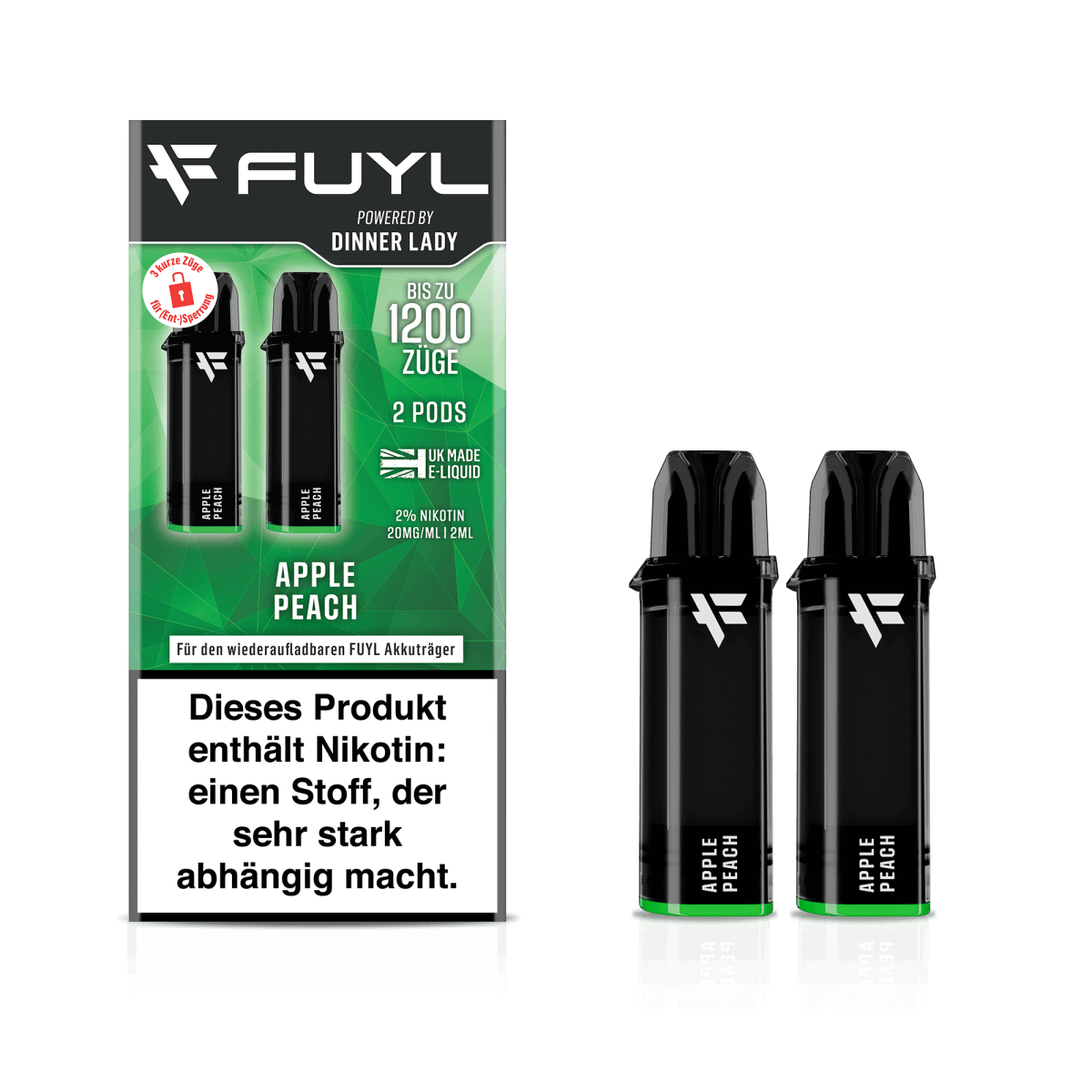 Alt Tag: Fuyl Pod (2er Set) - Genieße die Erfrischung von Apple Peach Geschmack. Nikotinhaltig, ideal für 1200 Züge. Entdecke den Fruchtgenuss!