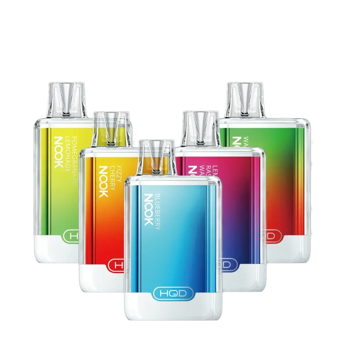 Bunte HQD Nook E-Zigaretten in verschiedenen Geschmacksrichtungen, darunter Kiwi Passionfruit Guava. Exotische Aromen für genussvolle Dampfer.