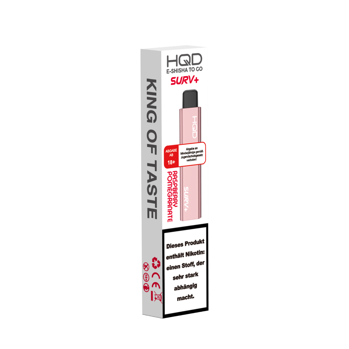 Verpackung der HQD Surv+ in Raspberry Pomegranate, E-Shisha für fruchtigen Genuss mit Himbeere und Granatapfel. Perfekt für entspannten Geschmack.