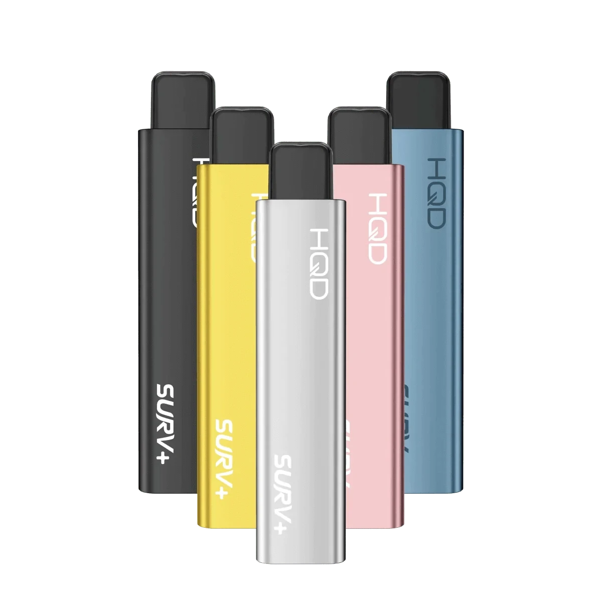 Fünf farbige HQD Surv+ Vapes, darunter der leckere Blaubeere-Zitrone-Geschmack Blurry Lemon, vor weißem Hintergrund