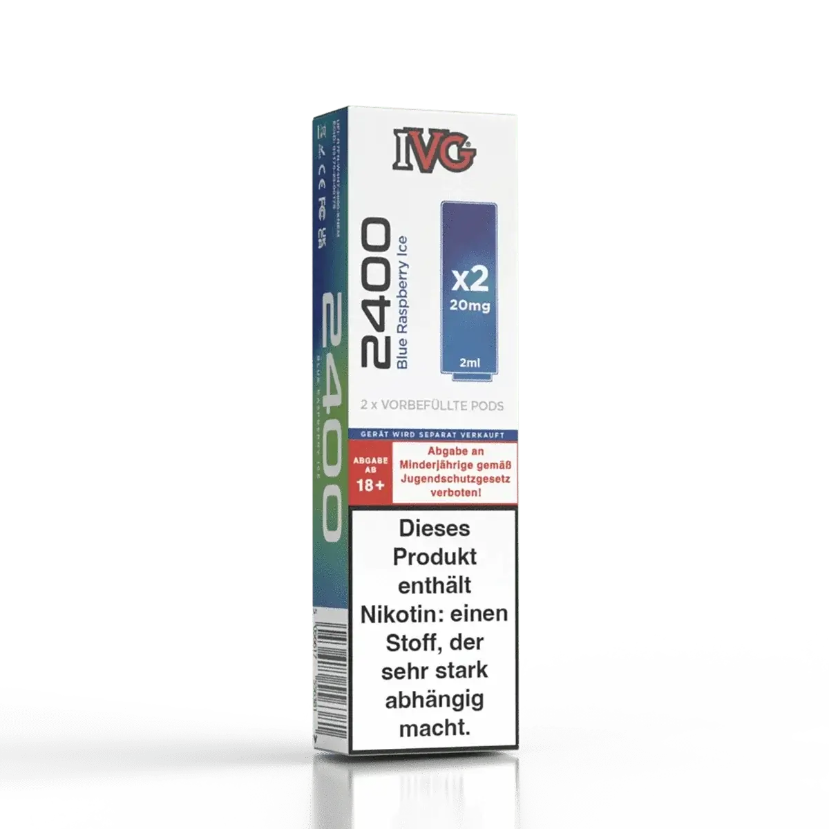 IVG 2400 Pod 2er Set in Blue Raspberry Ice, aromatische Blaubeeren und Himbeeren mit erfrischendem Menthol, Produktverpackung.